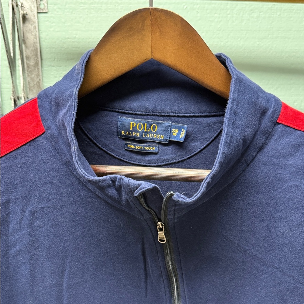 Polo Ralph Lauren navy, red & white half zip. EUC. Very soft. Rare find on PM.